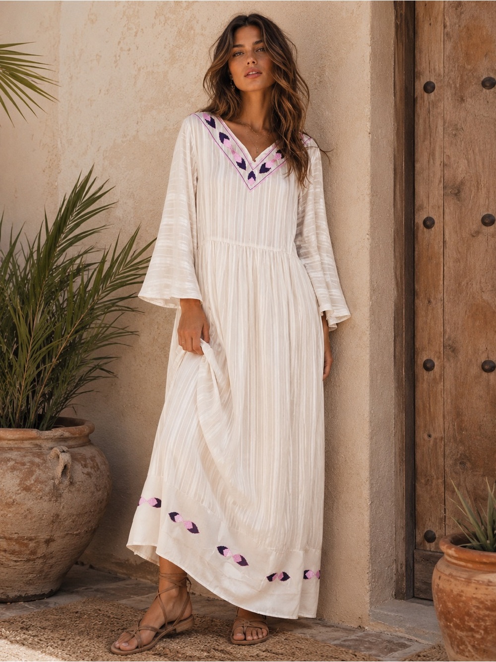 Ivory Boho Embroidered V-Neck Maxi Dress - Picture 1 of 6